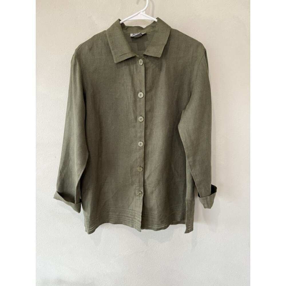 Style & Co Collection Linen Blouse Womens Long Sleeve Button Front Collar Green